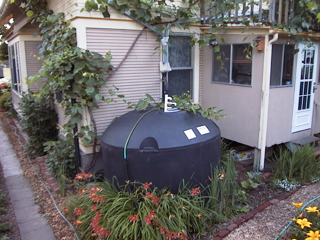 1500 gallon cistern fed from 2 gable downspouts